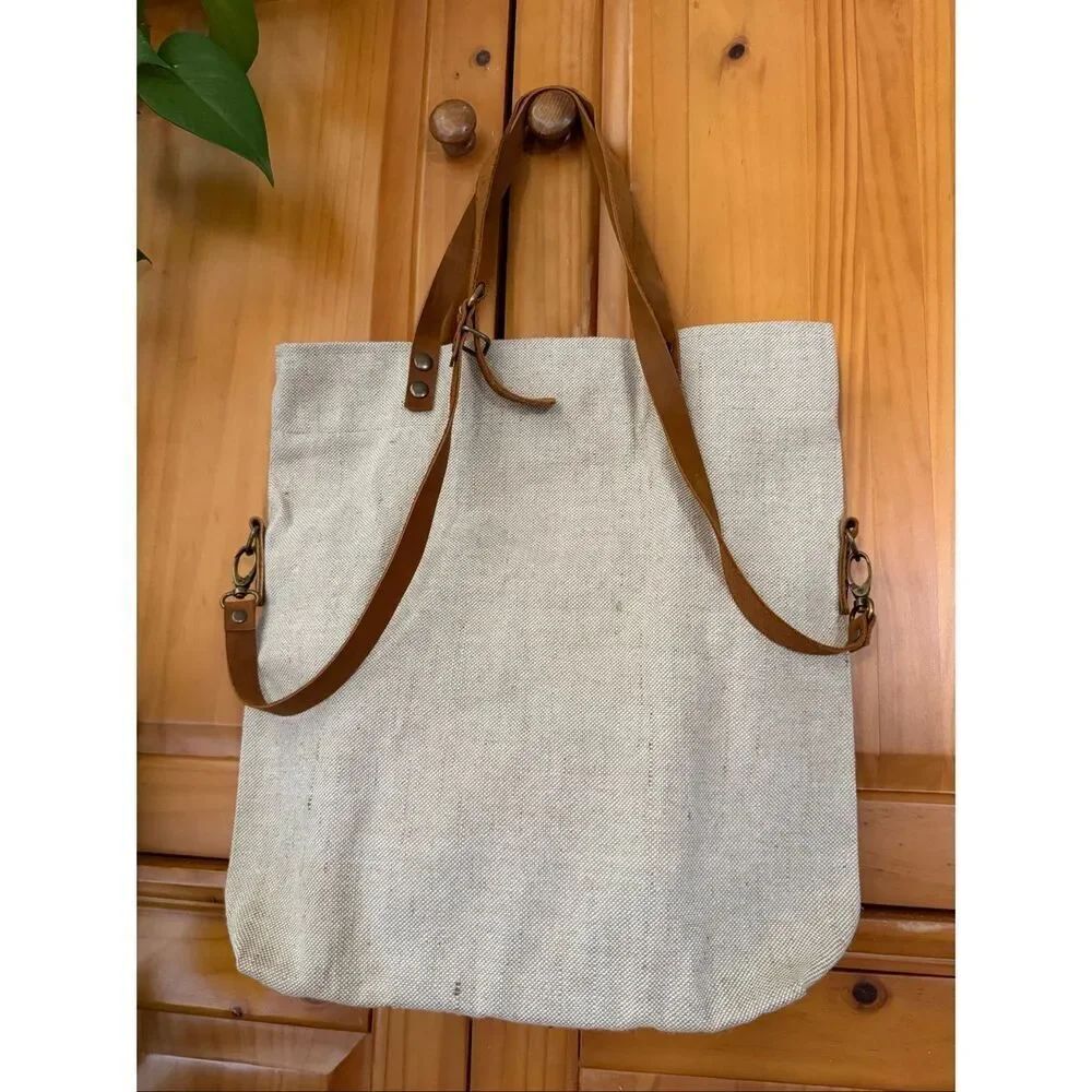 LIVTHAI Canvas Leather Foldover Tote Crossbody Beige - Picture 8 of 14
